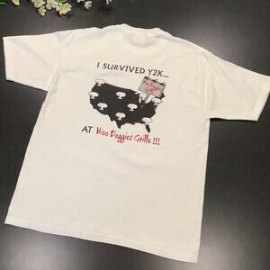Vintage I Survived Y2K at Woo Doggies Grille White Jerzees Souvenir T Shirt